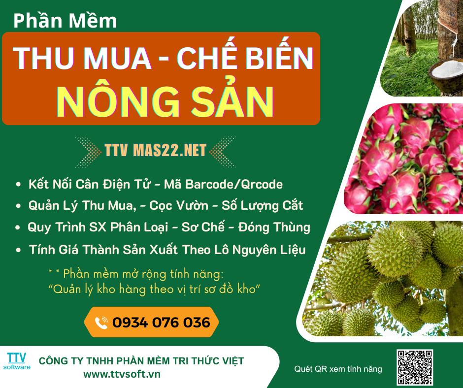 Phần mềm quản lý mua bán, gia công chế biến nông sản trái cây